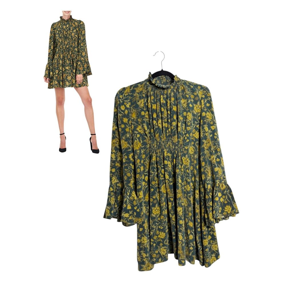 AMUR Sorah Green Floral Long Sleeve 100% Silk Dress Size Medium